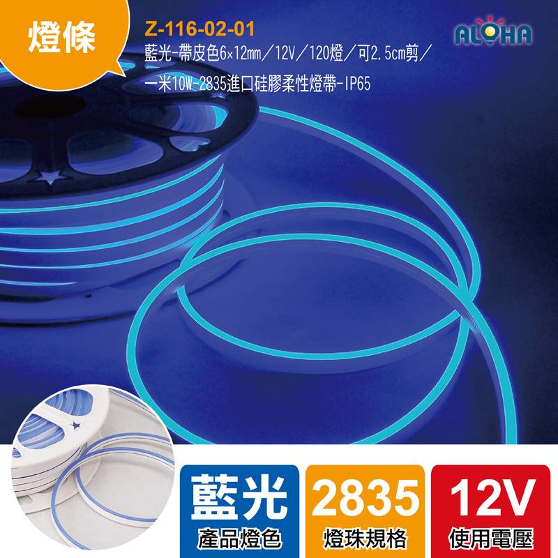 藍光-帶皮色6×12mm／12V／120燈／可2.5cm剪／一米10W-2835進口硅膠柔性燈帶-I